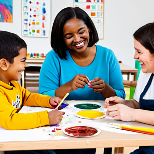 Home 18 A diverse group of cheerful children, including those with special educational needs, fully clothed in comfortable, appropriate attire, engaging in an inclusive art therapy session. They are seated at large tables in a brightly lit, spacious art studio, surrounded by colorful paints, brushes, and clay. An adult female facilitator with a gentle smile provides guidance. Children are deeply focused on their individual art projects, with busy hands creating unique pieces. The atmosphere is joyful and supportive, emphasizing self-expression and teamwork. Professional photography, high quality, vibrant colors, clear focus, natural lighting, perfect anatomy, correct proportions, natural pose, well-formed hands, proper finger count, natural body proportions, safe for work, appropriate content, fully clothed, modest, family-friendly.