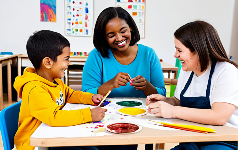 A diverse group of cheerful children, including those with special educational needs, fully clothed in comfortable, appropriate attire, engaging in an inclusive art therapy session. They are seated at large tables in a brightly lit, spacious art studio, surrounded by colorful paints, brushes, and clay. An adult female facilitator with a gentle smile provides guidance. Children are deeply focused on their individual art projects, with busy hands creating unique pieces. The atmosphere is joyful and supportive, emphasizing self-expression and teamwork. Professional photography, high quality, vibrant colors, clear focus, natural lighting, perfect anatomy, correct proportions, natural pose, well-formed hands, proper finger count, natural body proportions, safe for work, appropriate content, fully clothed, modest, family-friendly.