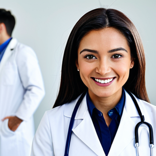 Home 8 **
A professional female doctor in a modern, brightly lit clinic, wearing a clean, white lab coat and stethoscope, fully clothed, appropriate attire, safe for work. A friendly smile and confident posture. Background shows medical equipment and a blurred patient consultation area. Perfect anatomy, correct proportions, natural pose, professional photography, high quality, modest, family-friendly.
**