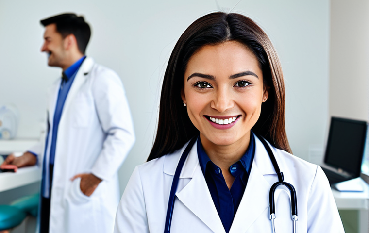 **

A professional female doctor in a modern, brightly lit clinic, wearing a clean, white lab coat and stethoscope, fully clothed, appropriate attire, safe for work.  A friendly smile and confident posture. Background shows medical equipment and a blurred patient consultation area. Perfect anatomy, correct proportions, natural pose, professional photography, high quality, modest, family-friendly.

**