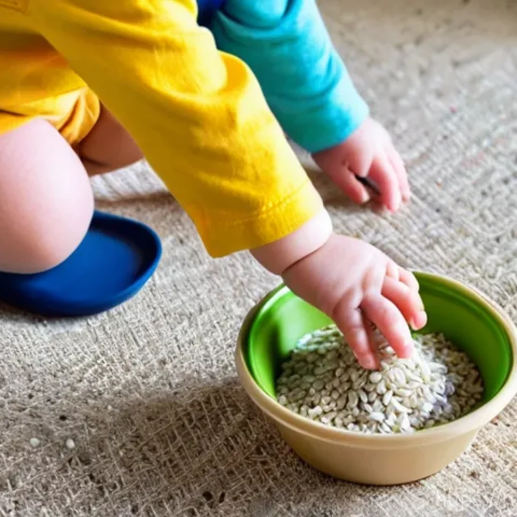 특수교육과 감각 발달 - **Sensory Exploration at Home**: A toddler, wearing a clean, brightly colored t-shirt and a diaper, ...