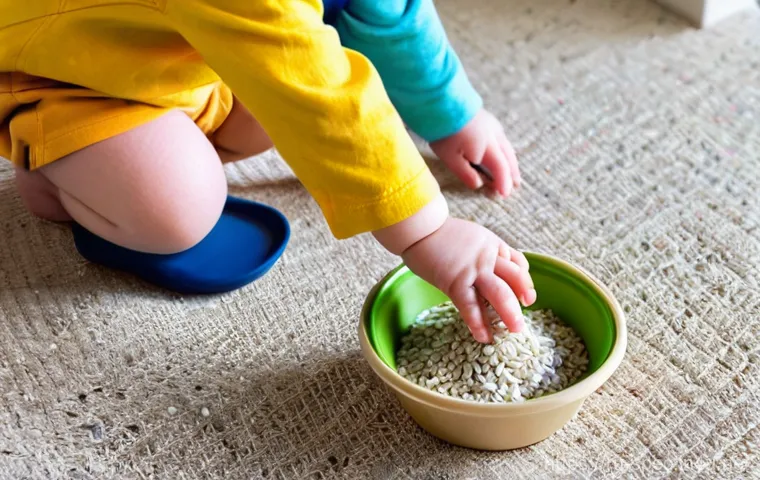 특수교육과 감각 발달 - **Sensory Exploration at Home**: A toddler, wearing a clean, brightly colored t-shirt and a diaper, ...