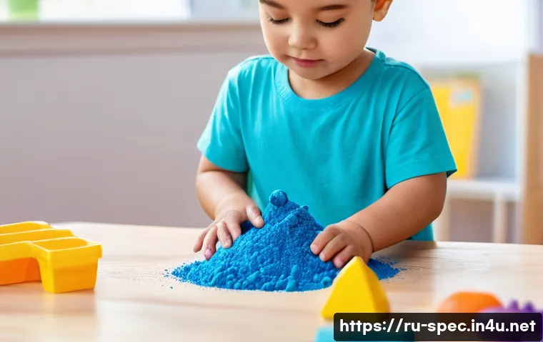 특수교육과 감정 조절 교육 - **Prompt: Sensory Serenity with Kinetic Sand**
A joyful 7-year-old child, appearing to have spec...