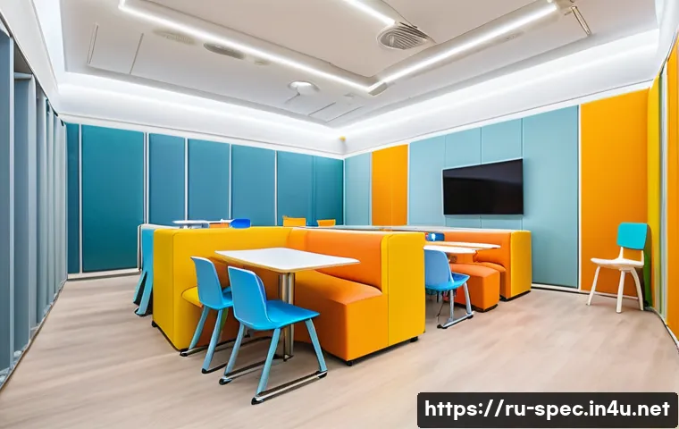 특수교육과 교실 환경 조성 - A modern classroom interior designed for children with special educational needs, featuring adjustab...