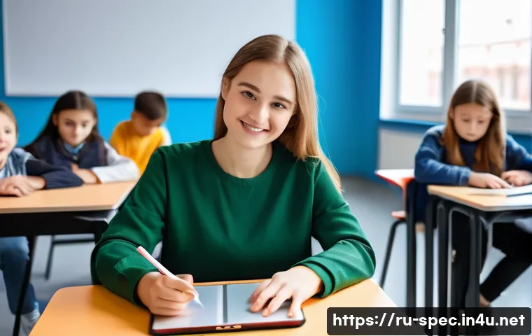 특수교육 보조 기술 - A bright, modern classroom setting in Russia with children of diverse abilities engaged in learning ...