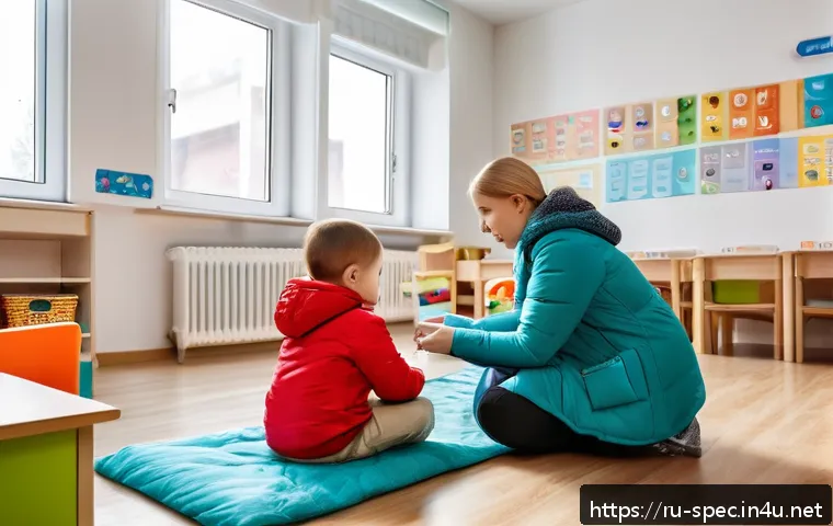 특수교육과 교육 심리학 연구 - A warm and inclusive classroom scene in a modern Russian special education center, featuring a diver...