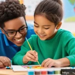 Home 18 지적장애 학생 교육 - A warm and inclusive classroom scene showing a diverse group of children with intellectual disabilit...