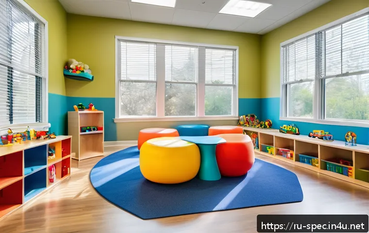 특수교육 지원 센터 - A bright and spacious modern therapy center room designed for children with special needs, featuring...
