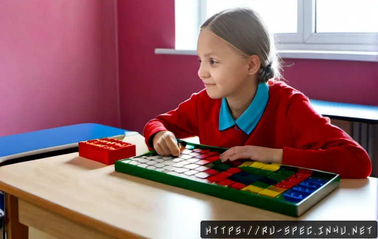 학습장애 학생 교육 - Photorealistic inclusive classroom in Russia, a patient female special education teacher sitting bes...